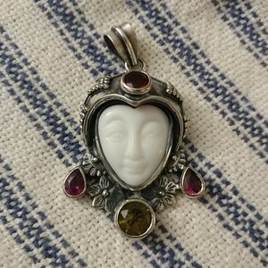 Silver Semi Precious Stones Carved Face Pendant